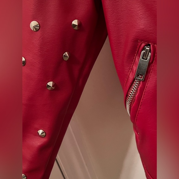 Leather Spike Studded Red Leather Jacket - Picture 5 of 10